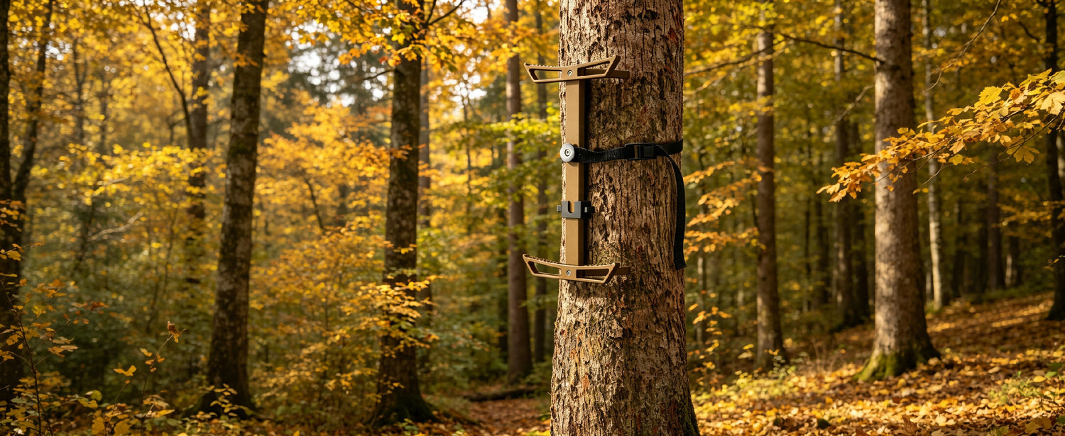 QOGIR climbing sticks secured on a tree in autumn woods