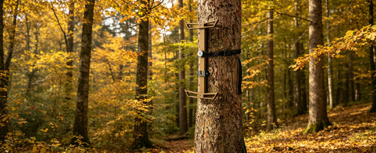 QOGIR climbing sticks secured on a tree in autumn woods